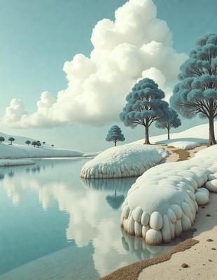 The primary subject of the image is a snow-covered landscape featuring a frozen lake, a snowy hill, and a group of trees. The setting is a wintery environment with a serene atmosphere. The visual style is a digital art or illustration, creating a realistic and captivating scene. The colors and mood are predominantly white and cold, reflecting the wintry conditions.
